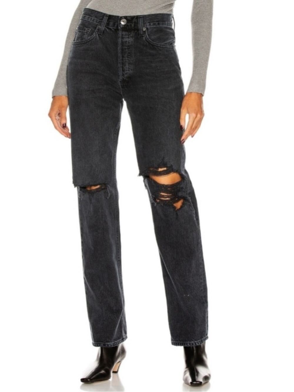 Agolde Lana Mid Rise Vintage Straight Leg Jeans Size 31 Distressed Black Wash